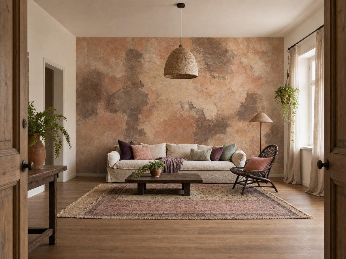 Wide room view of the dark brown limewash wall, with a linen sofa, console table and rattan pendant