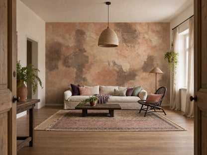 Wide room view of the dark brown limewash wall, with a linen sofa, console table and rattan pendant