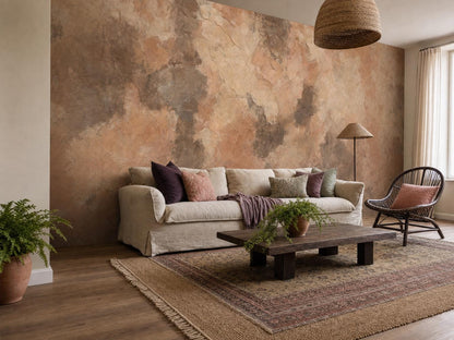 Dark brown limewash wall behind a linen sofa with a wooden coffee table and plants