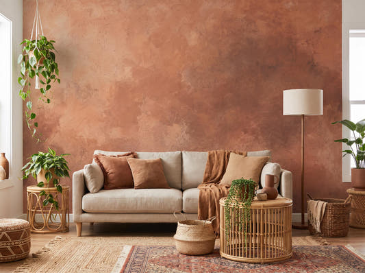 Dusty terracotta limewash wall behind a linen sofa with terracotta cushions, a rattan basket and a trailing plant