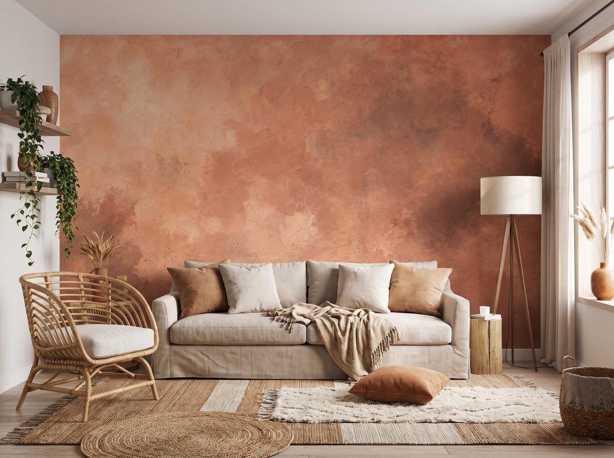 The terracotta limewash wall behind a linen sofa, with a rattan chair, striped rug and floor lamp