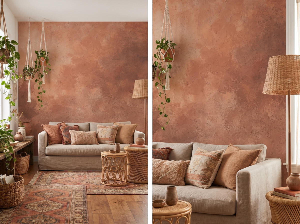 Two views of the dusty terracotta wall: beside hanging plants, and a close view behind a linen sofa