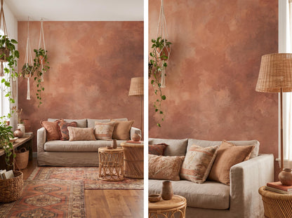 Two views of the dusty terracotta wall: beside hanging plants, and a close view behind a linen sofa