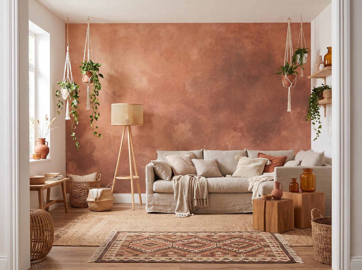 Wide room with the terracotta limewash wall, hanging plants, wooden stools and a linen sofa
