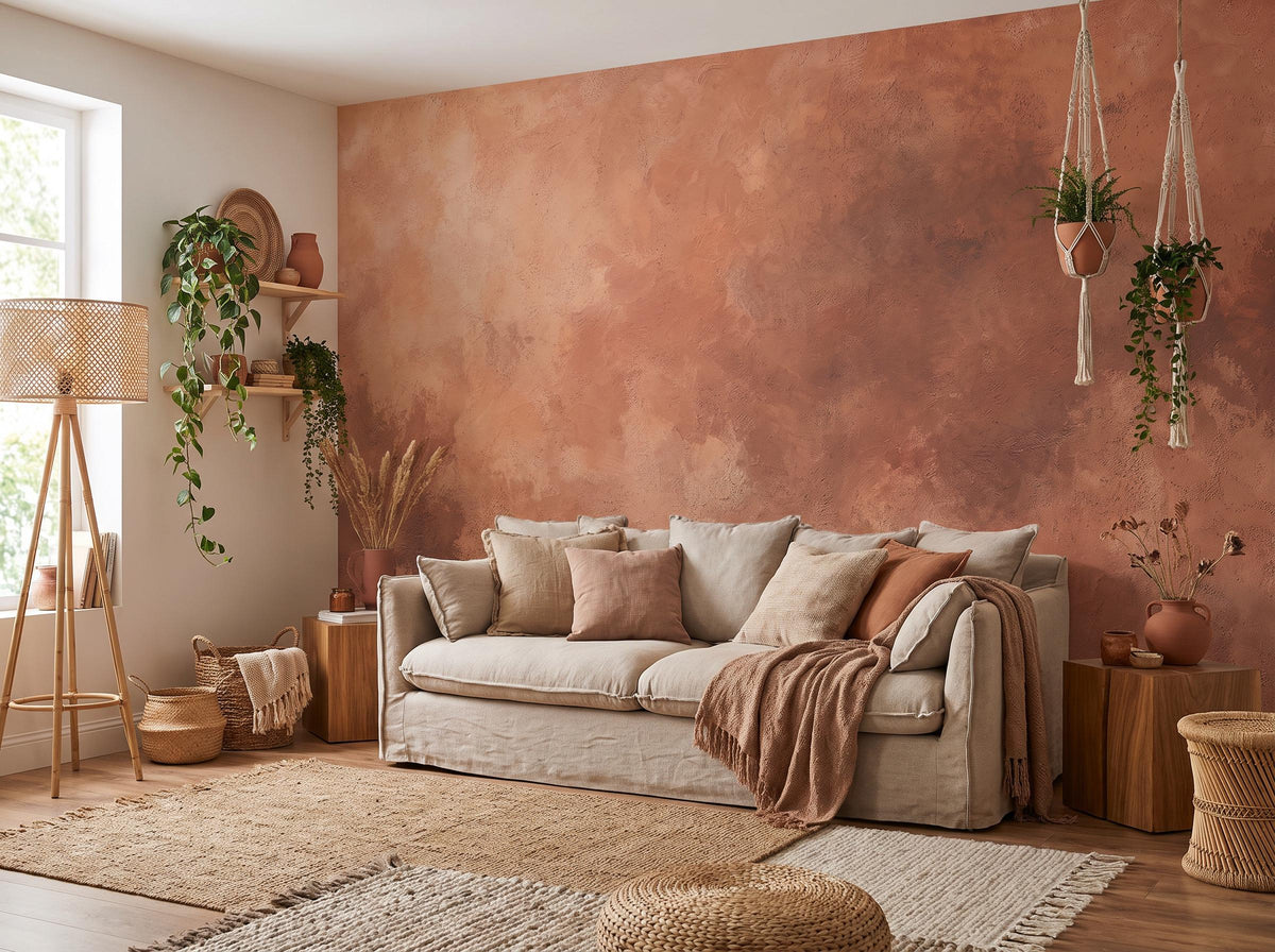Corner room with the dusty terracotta wall, a linen sofa, tripod floor lamp and a shelf of pots
