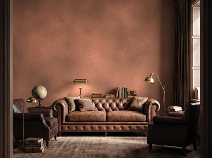 Wide room with the warm rust limewash wall, a leather chesterfield, books and a globe