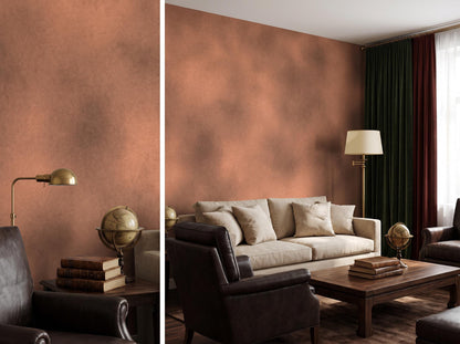 Two views of the rust limewash wall: a lamp-lit corner, and a sofa with a coffee table
