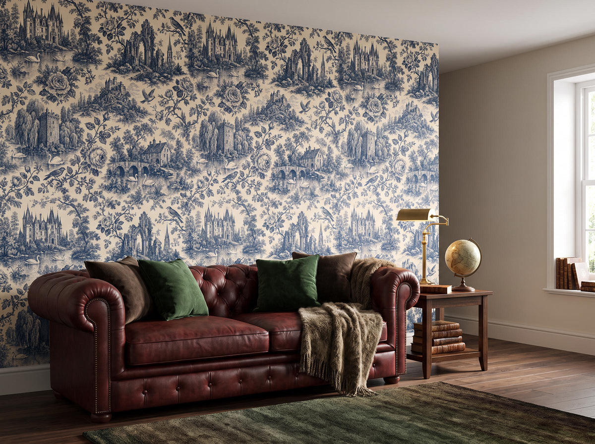 The blue toile wallpaper across a living room wall, with an oxblood chesterfield and a green rug