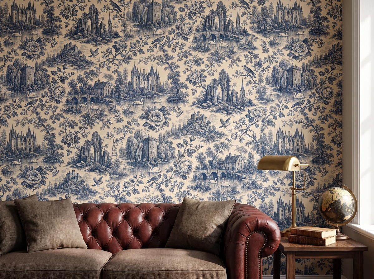Close view of the engraved toile spires and groves above a leather chesterfield and a globe