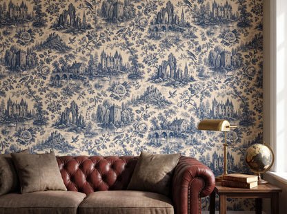Close view of the engraved toile spires and groves above a leather chesterfield and a globe