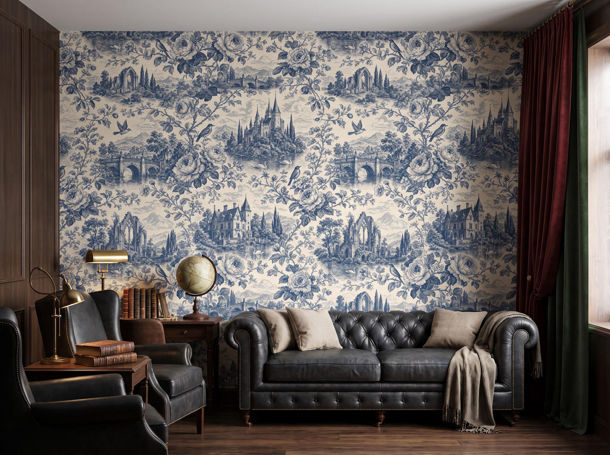 The blue toile wallpaper across a room, with a dark chesterfield sofa, red curtain and desk