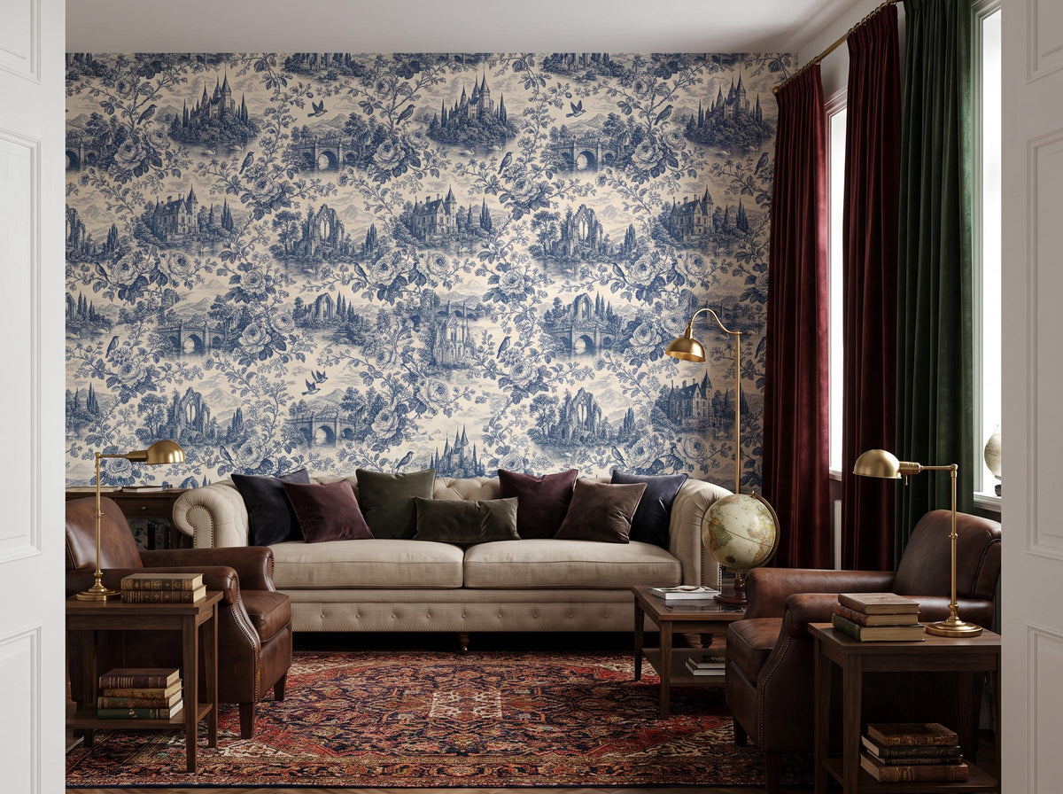 Wide room with the blue and cream toile wallpaper, a linen sofa, green curtains and a Persian rug