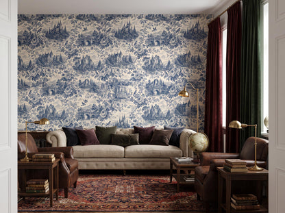 Wide room with the blue and cream toile wallpaper, a linen sofa, green curtains and a Persian rug