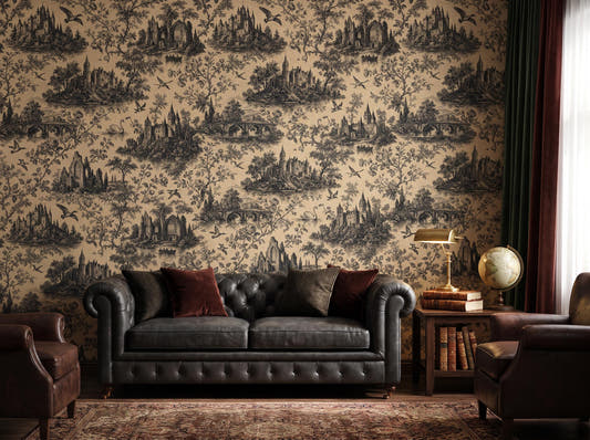 Charcoal toile on tan wallpaper behind a dark grey chesterfield sofa, globe and brass lamp