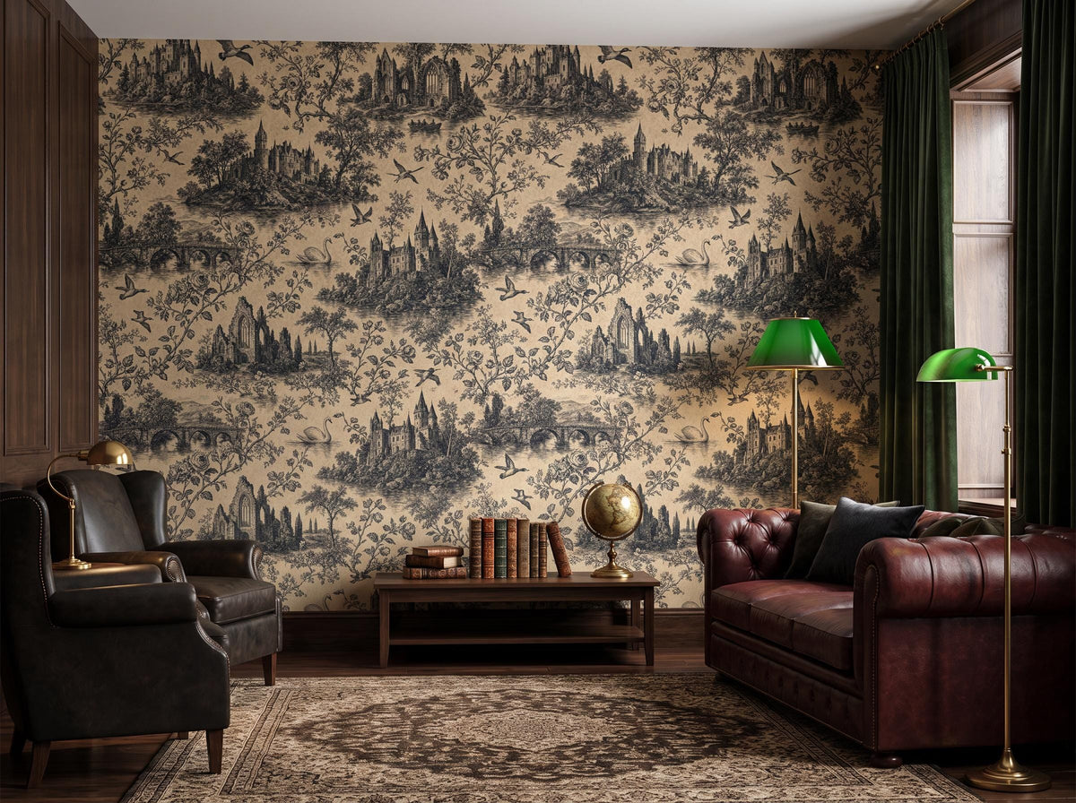 The toile wallpaper across a room, with an oxblood leather sofa, green desk lamps and a coffee table