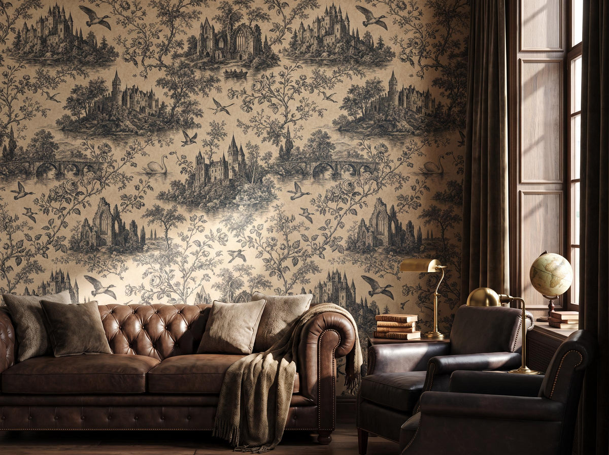 Charcoal toile wallpaper beside a tall window, with a tufted sofa and a throw