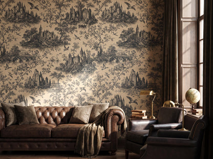 Charcoal toile wallpaper beside a tall window, with a tufted sofa and a throw