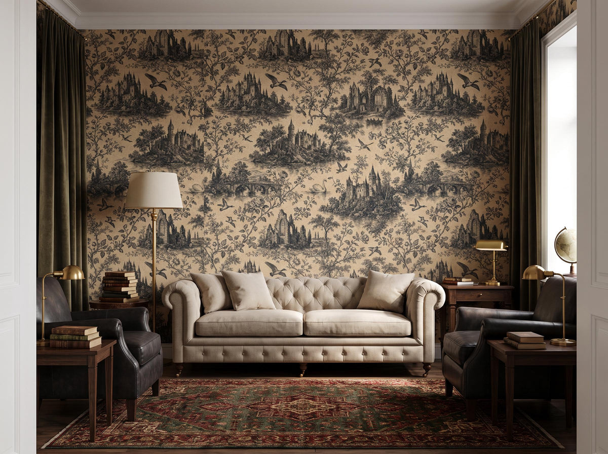 Wide room with the toile wallpaper, a cream chesterfield sofa, floor lamp and Persian rug