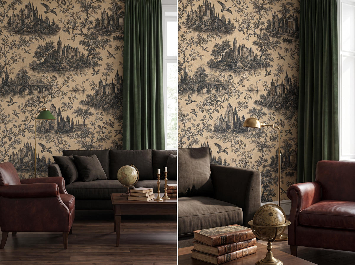 Two views of the charcoal toile wallpaper: a room with green curtains, and a close view of the castle scenes