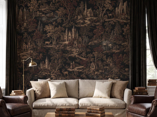 Dark sepia toile wallpaper behind a slipcovered linen sofa, leather chair and stacked books