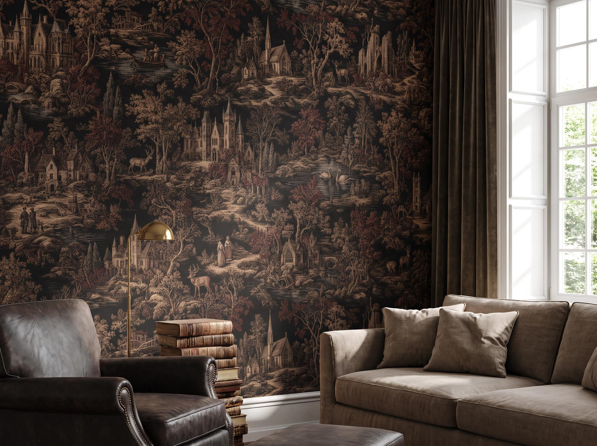 Sepia toile wallpaper beside a bright window, with a linen sofa and a leather armchair