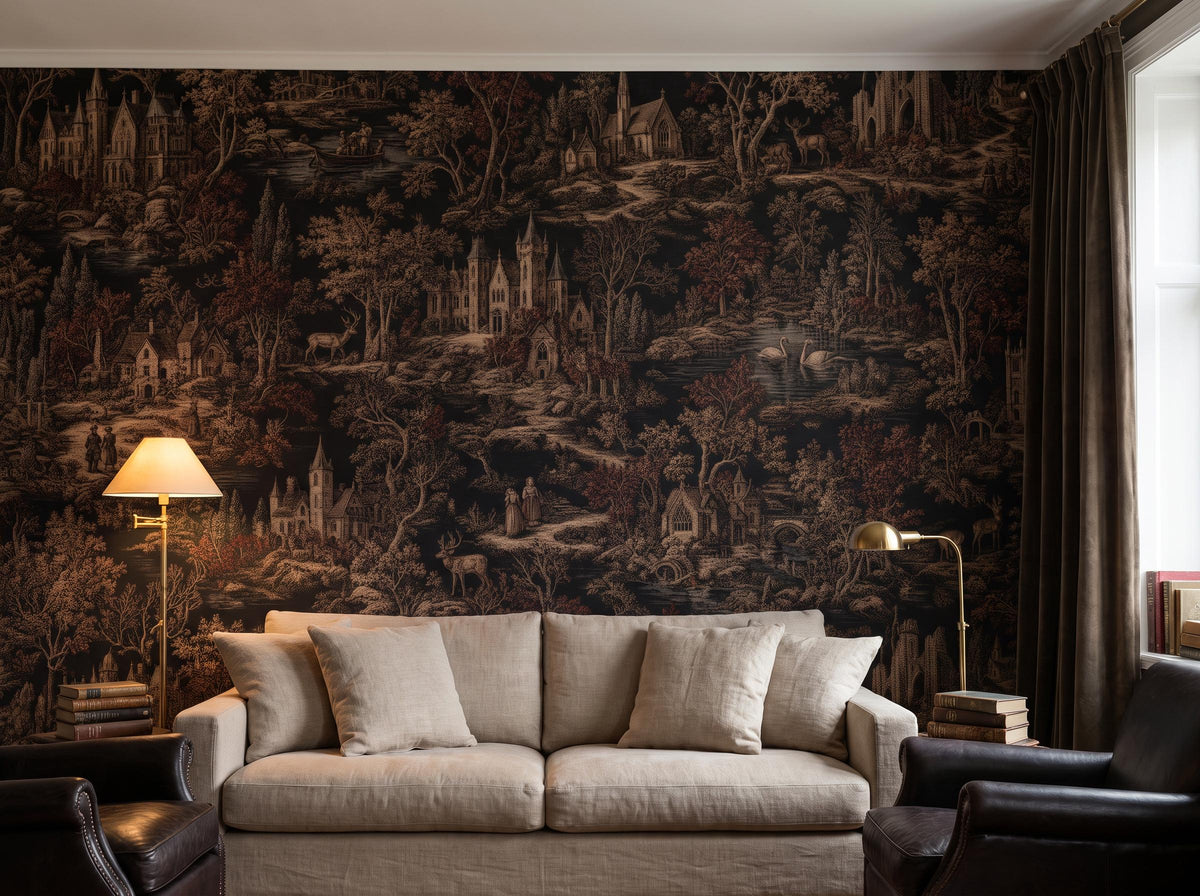 Corner room with the sepia toile wallpaper, a linen sofa, floor lamp and dark curtains