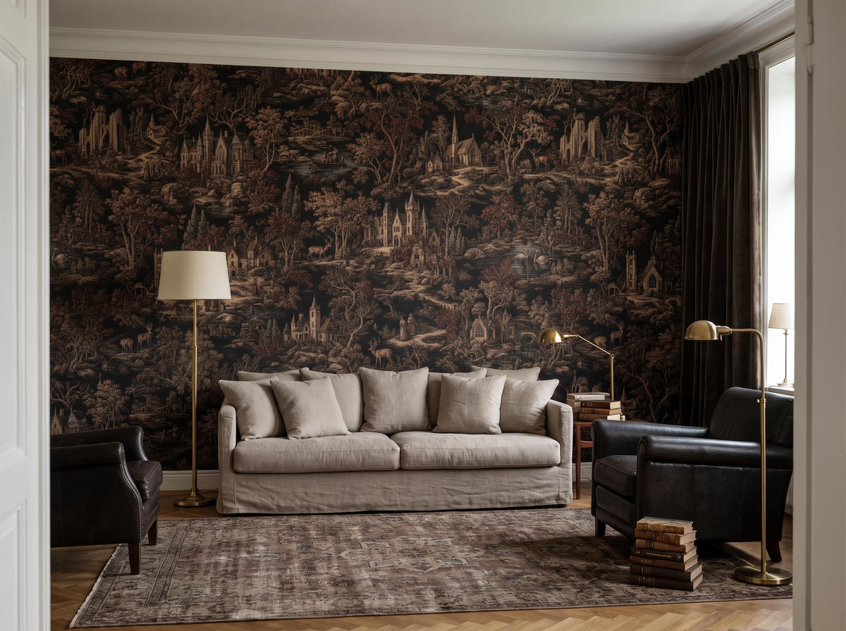 Wide room with the sepia toile wallpaper, a pale sofa, floor lamps and a large rug