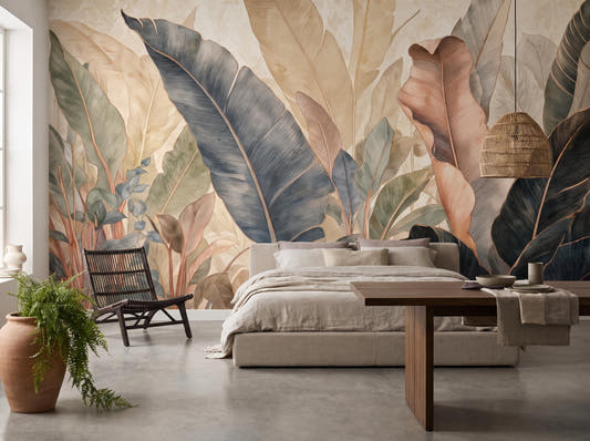 Oversized ivory and blue-grey banana leaf mural behind a low bed, with a black spindle chair and a woven pendant