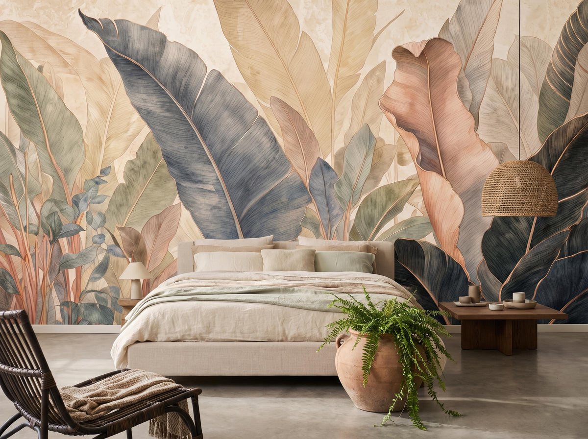 The tropical leaf mural across a bedroom wall, with a linen bed, terracotta planter and round side table