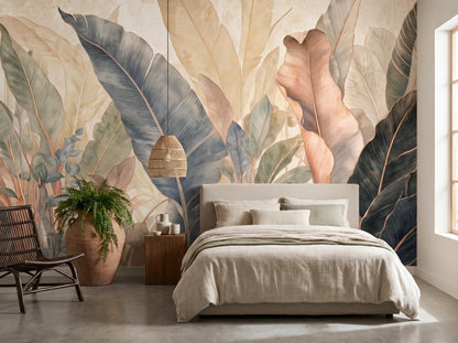 Close view of the peach and charcoal blue leaves beside a bed, a fern and a large clay pot