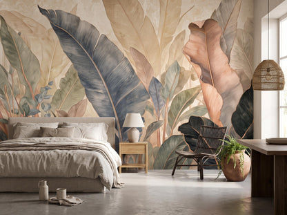 Bedroom corner with the banana leaf mural, a bedside lamp, black chair and wooden bench