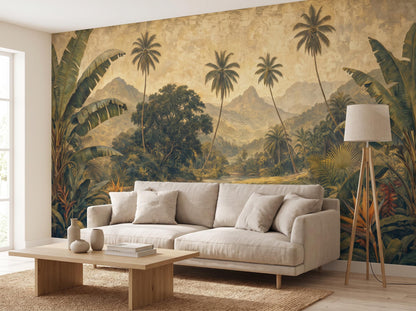 The jungle panorama across a living room wall, with a cream sofa, oak coffee table and tripod lamp