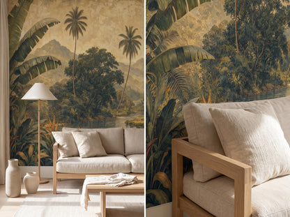 Two views of the jungle mural: the room with a floor lamp, and a close view of the palms and banana leaves