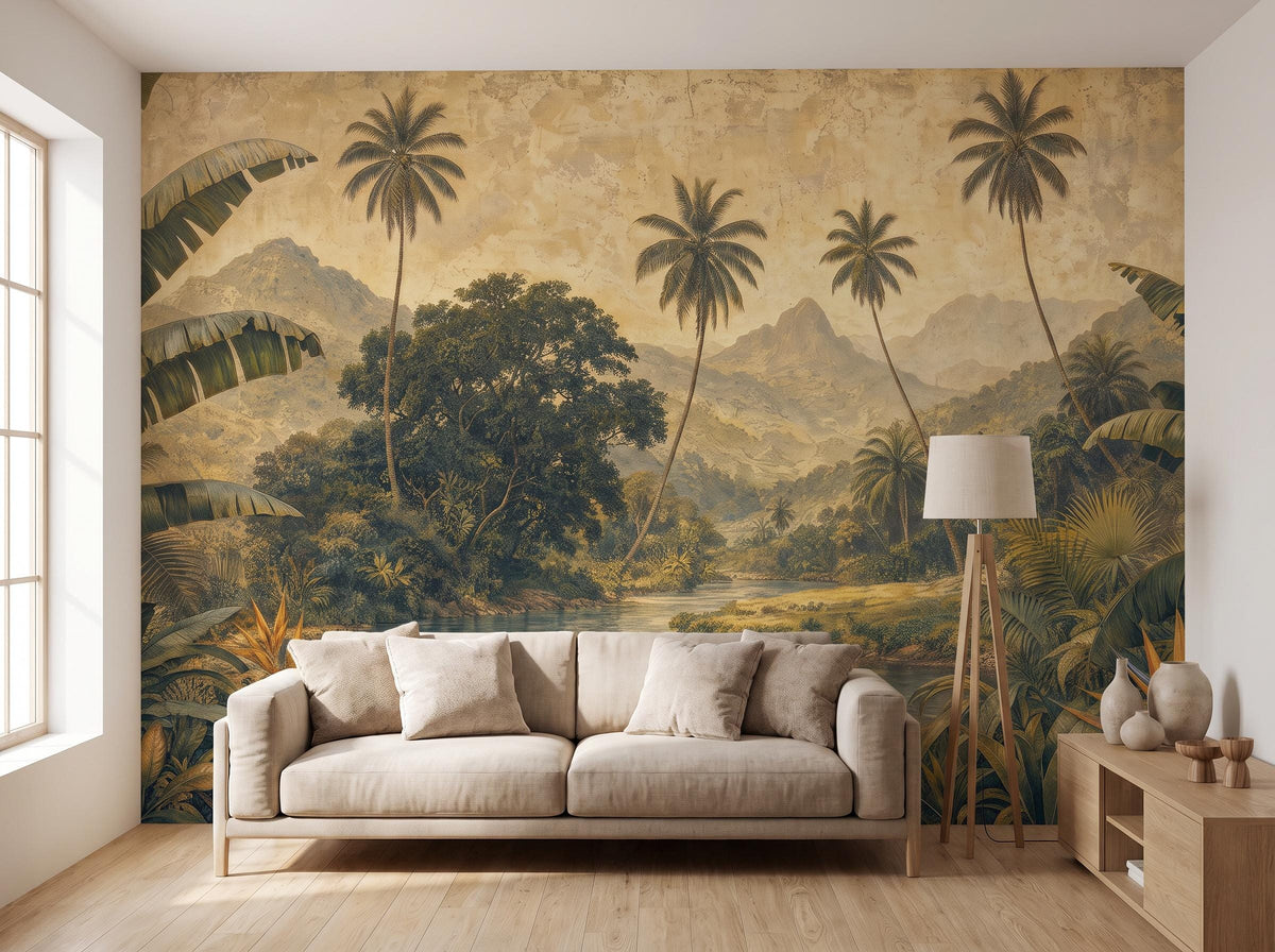 Jungle mural beside a bright window, with a cream sofa and bird-of-paradise flowers in the foreground