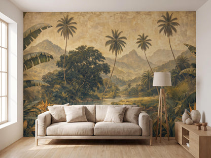 Jungle mural beside a bright window, with a cream sofa and bird-of-paradise flowers in the foreground