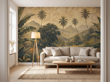 Wide living room with the antique green jungle mural, a low sofa, wooden table and floor lamp