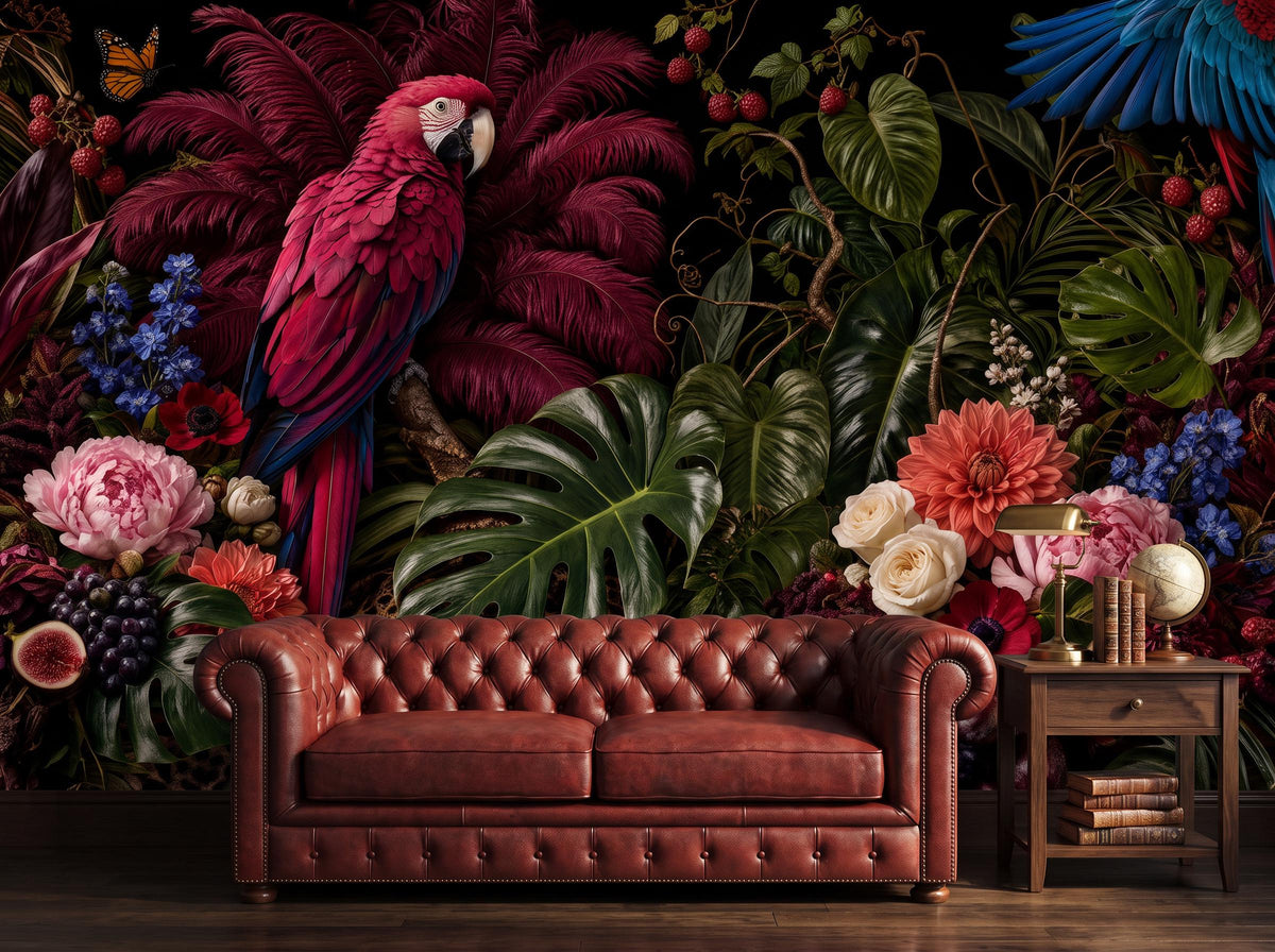 Crimson macaw mural on a black ground behind a tan leather chesterfield sofa