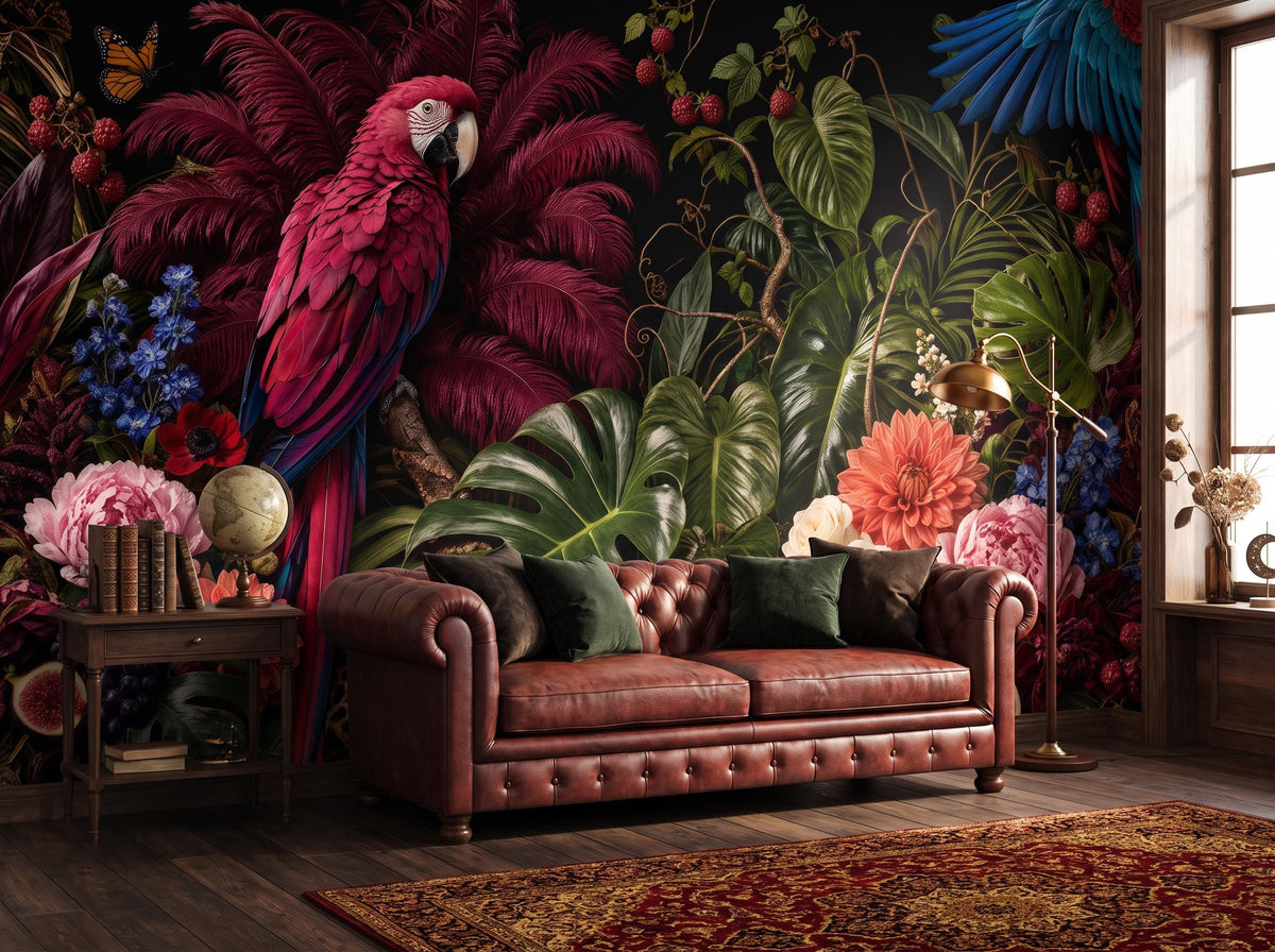 The macaw mural across a living room wall, with a leather sofa, patterned rug and side table