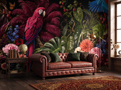 The macaw mural across a living room wall, with a leather sofa, patterned rug and side table