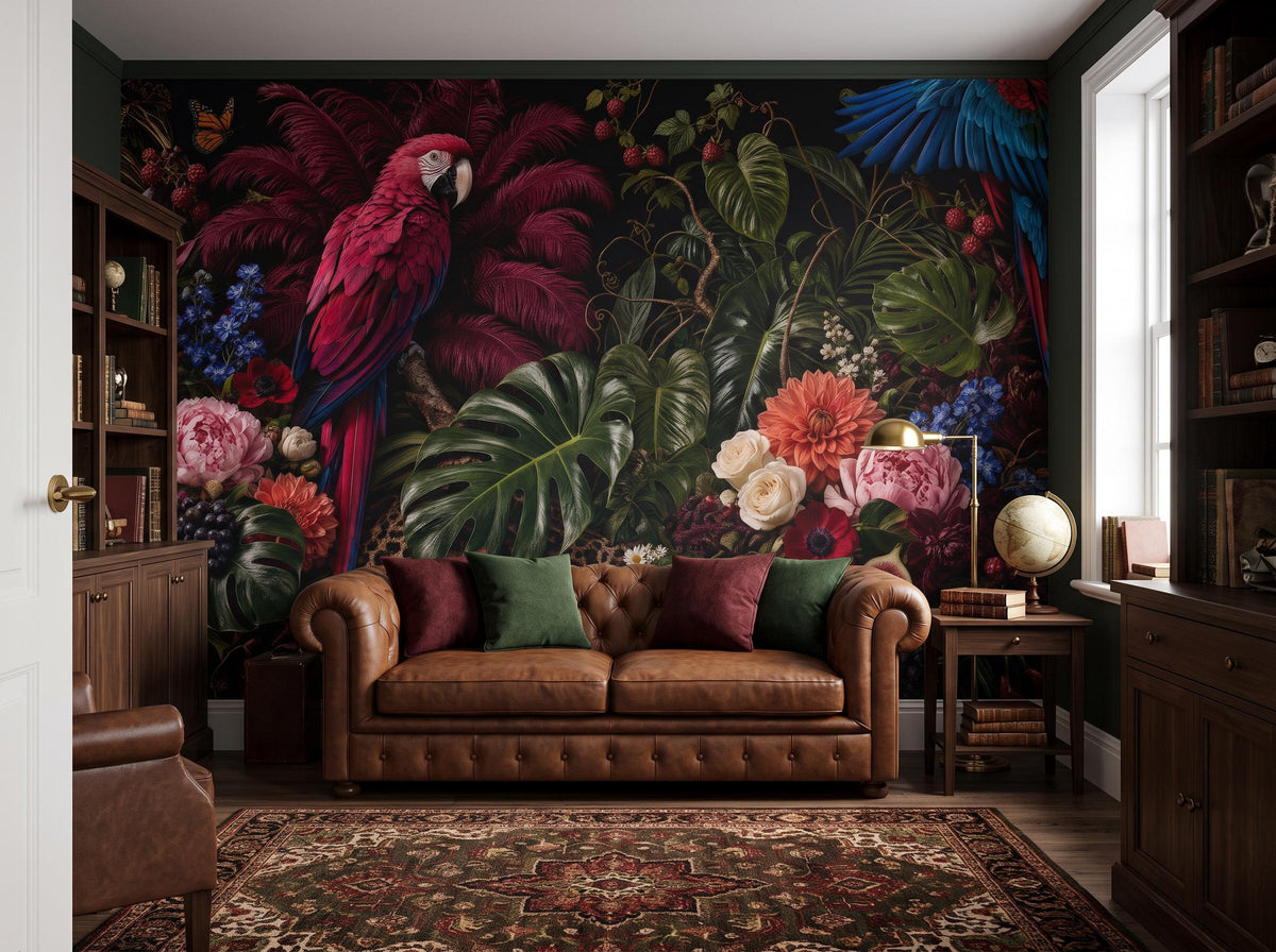 Corner room with the macaw mural, a leather chesterfield, globe and Persian rug