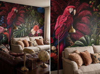 Two views of the macaw mural: a pale sofa with a brass lamp, and a close view of the bird