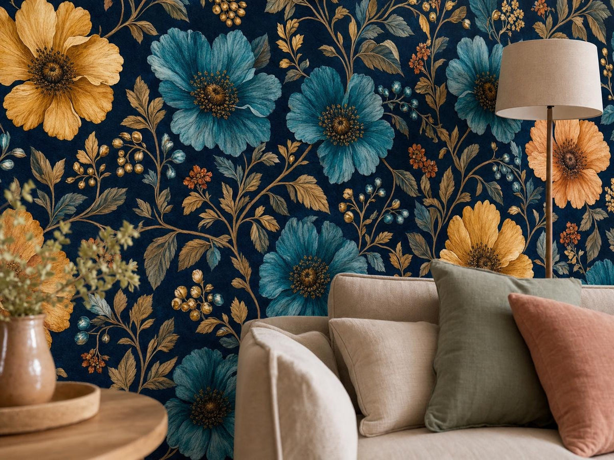 Close view of the ochre and teal blooms on midnight navy, beside a cream sofa with sage and coral cushions