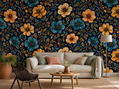 The dark floral wallpaper across a living room wall, with a cream sofa, rattan chair and round table
