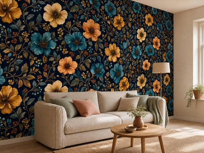 Navy floral wallpaper beside a sunlit wall, with a cream sofa and a potted plant