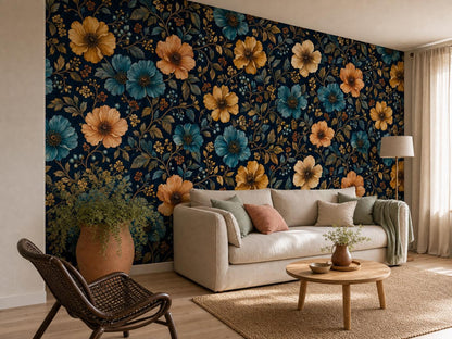 Corner room with the Victorian floral wallpaper, a cream sofa, rattan chair and jute rug