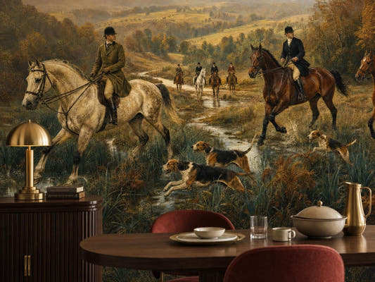 Victorian horse hunt mural with riders and hounds behind a dark dining table and red upholstered chairs
