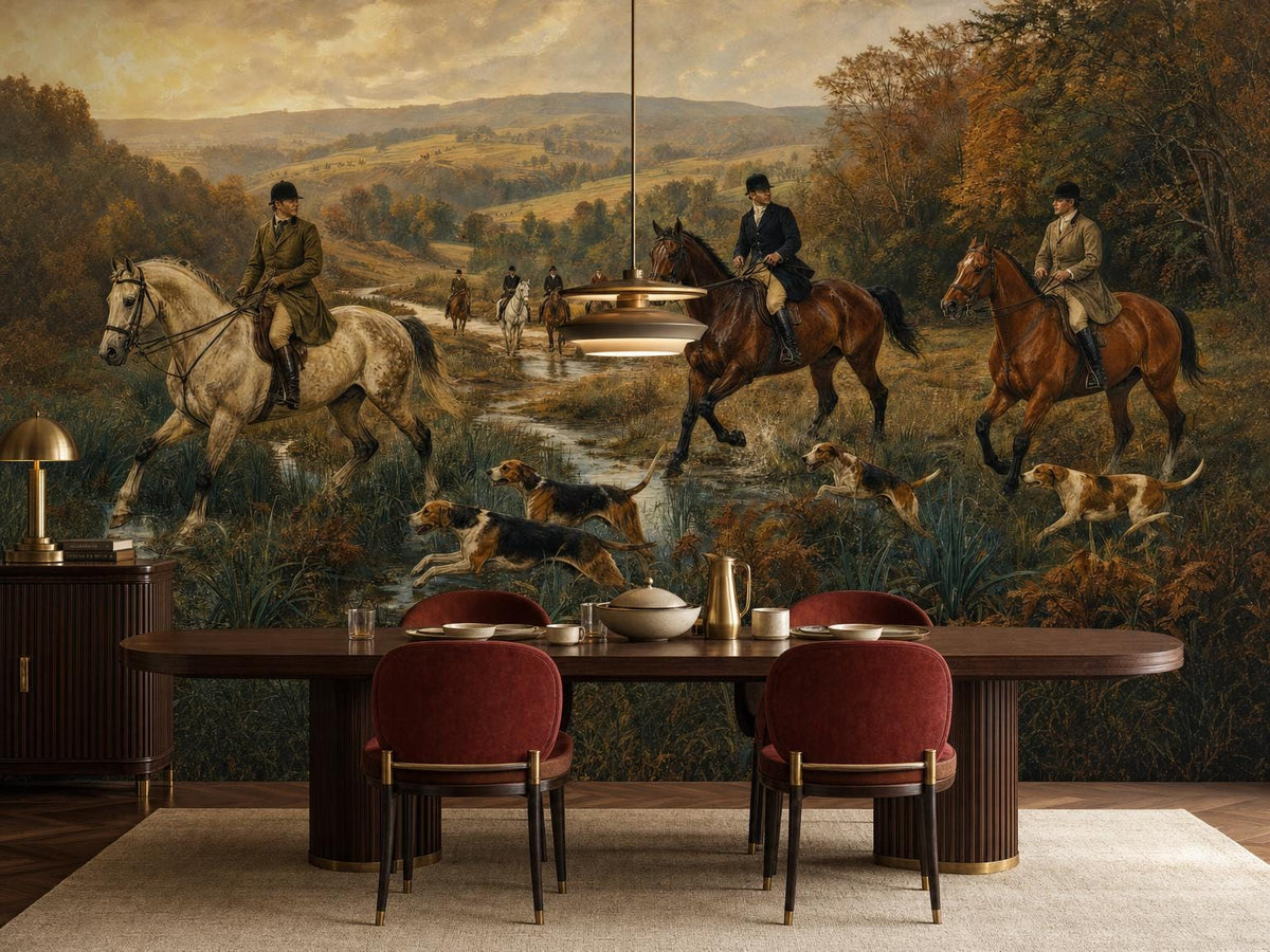 The hunt mural across a dining room wall, with an oval table, red chairs and a pendant light