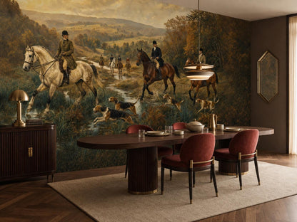 Horse hunt mural beside a dark green wall, with a dining table, red chairs and a mirror