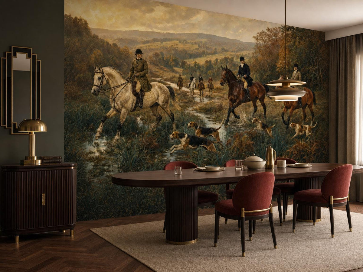 Close view of the riders crossing the stream in the mural, above a dining table and sideboard