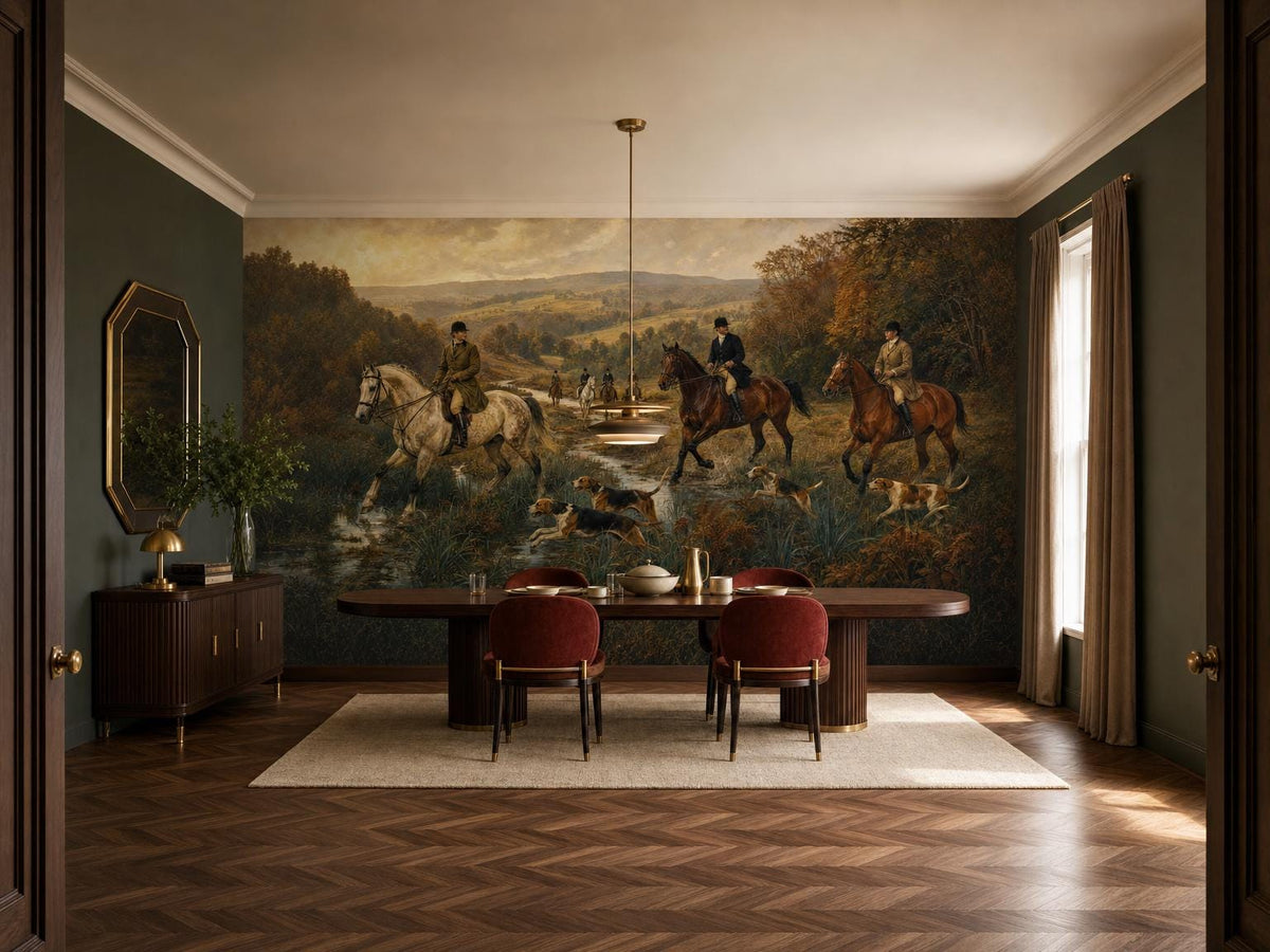 Wide dining room with the horse hunt mural, herringbone floor and a bright window